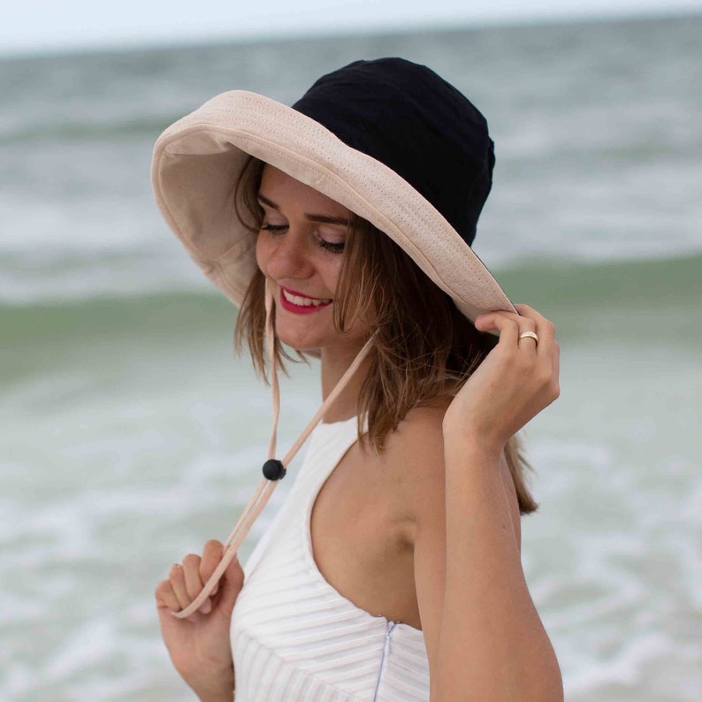 Wide Brim 5 Sun Hat Womens Bucket Floppy Beach 100% Cotton Wedding Hat Wide Brimmed Sunhat Elegant Vacation Honeymoon Gift for Her Black