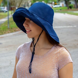 Black Summer Hat Wide Brim 5" Sun Hat Women Bucket Floppy 100% Cotton Hat Wide Brimmed Sunhat Elegant Vacation Honeymoon Gift for Her Navy Blue