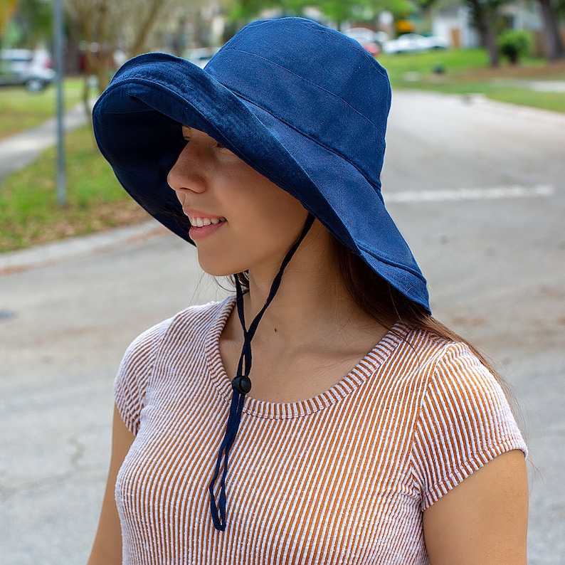 Black Summer Hat Wide Brim 5" Sun Hat Women Bucket Floppy 100% Cotton Hat Wide Brimmed Sunhat Elegant Vacation Honeymoon Gift for Her Navy Blue