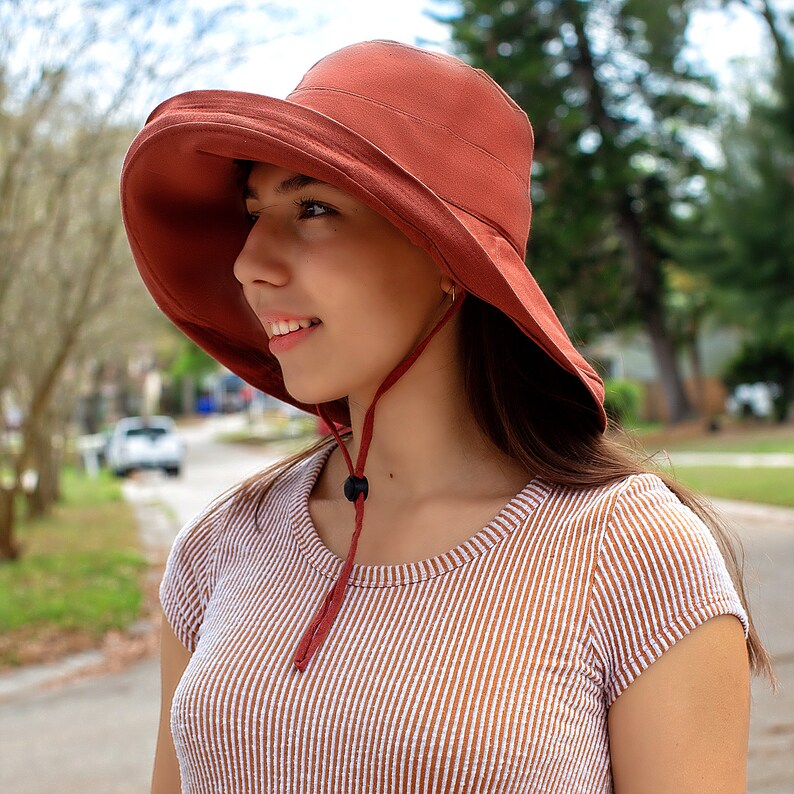 Black Summer Hat Wide Brim 5" Sun Hat Women Bucket Floppy 100% Cotton Hat Wide Brimmed Sunhat Elegant Vacation Honeymoon Gift for Her Brick Red