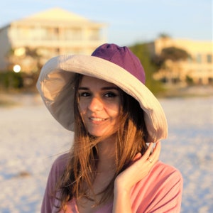 Wide Brim 5 Sun Hat Womens Bucket Floppy Beach 100% Cotton Wedding Hat Wide Brimmed Sunhat Elegant Vacation Honeymoon Gift for Her Purple
