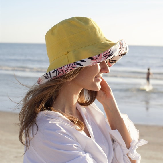 Floral Hats Ladies Wide Brim 5 Sun Hat Women Yellow Bucket Floppy 100%  Cotton Hat Large Brimmed Sunhat Elegant Vacation Gift for Her 