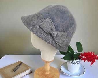 Women Cloche Hat With Knit Bow, Wool Winter Cloche, Black 