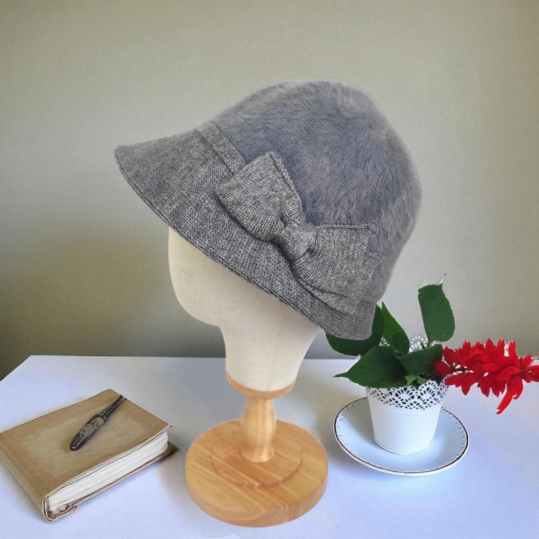 100% Wool Bucket Hat with Bow Accent Adjustable Winter Cloche Women Cloche Hat With Knit Bow, Wool Winter Cloche, Black  main image 3
