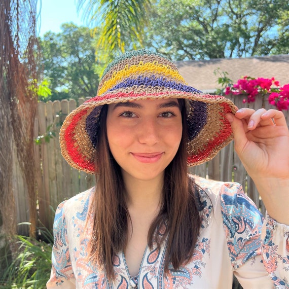 Womens Beach Hat Boho Straw Hat Rainbow Sun Hat Summer Beach  display picture 2