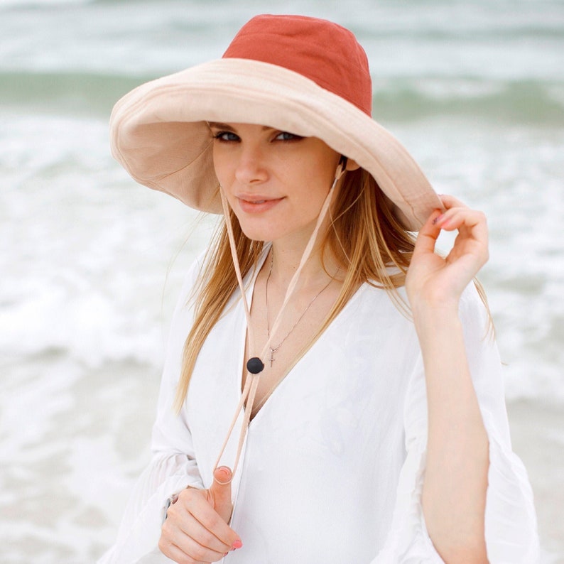 Wide Brim 5 Sun Hat Womens Bucket Floppy Beach 100% Cotton Wedding Hat Wide Brimmed Sunhat Elegant Vacation Honeymoon Gift for Her Caramel Red