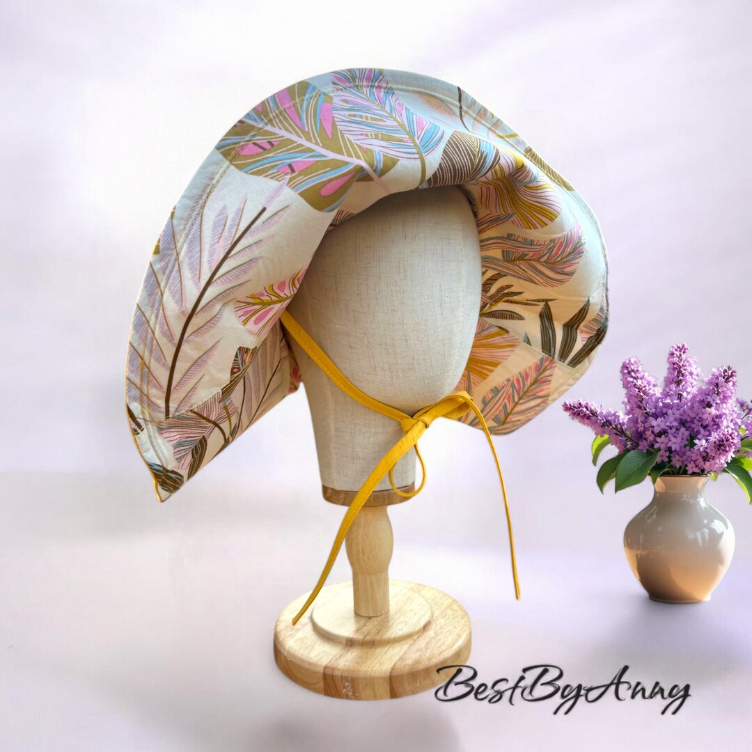 Wide Brim Spring Summer Bonnet With Botanical Pattern, Cotton ...