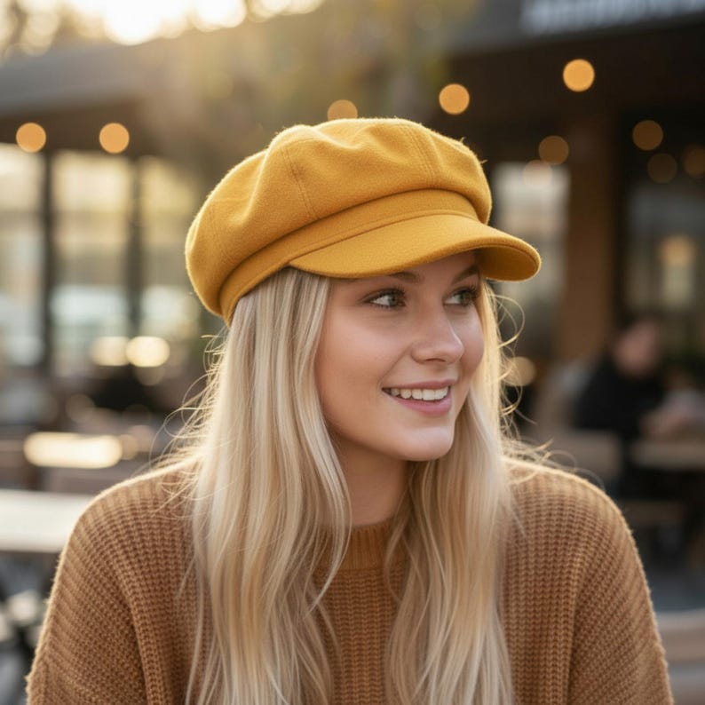 Red Newsboy Cap for Women, Women's Newsboy hat, Warm Winter Hat, Slouchy Hat, Tweed Cabbie Hat, Cute Hats for Women Girls Best Gift for Her Yellow