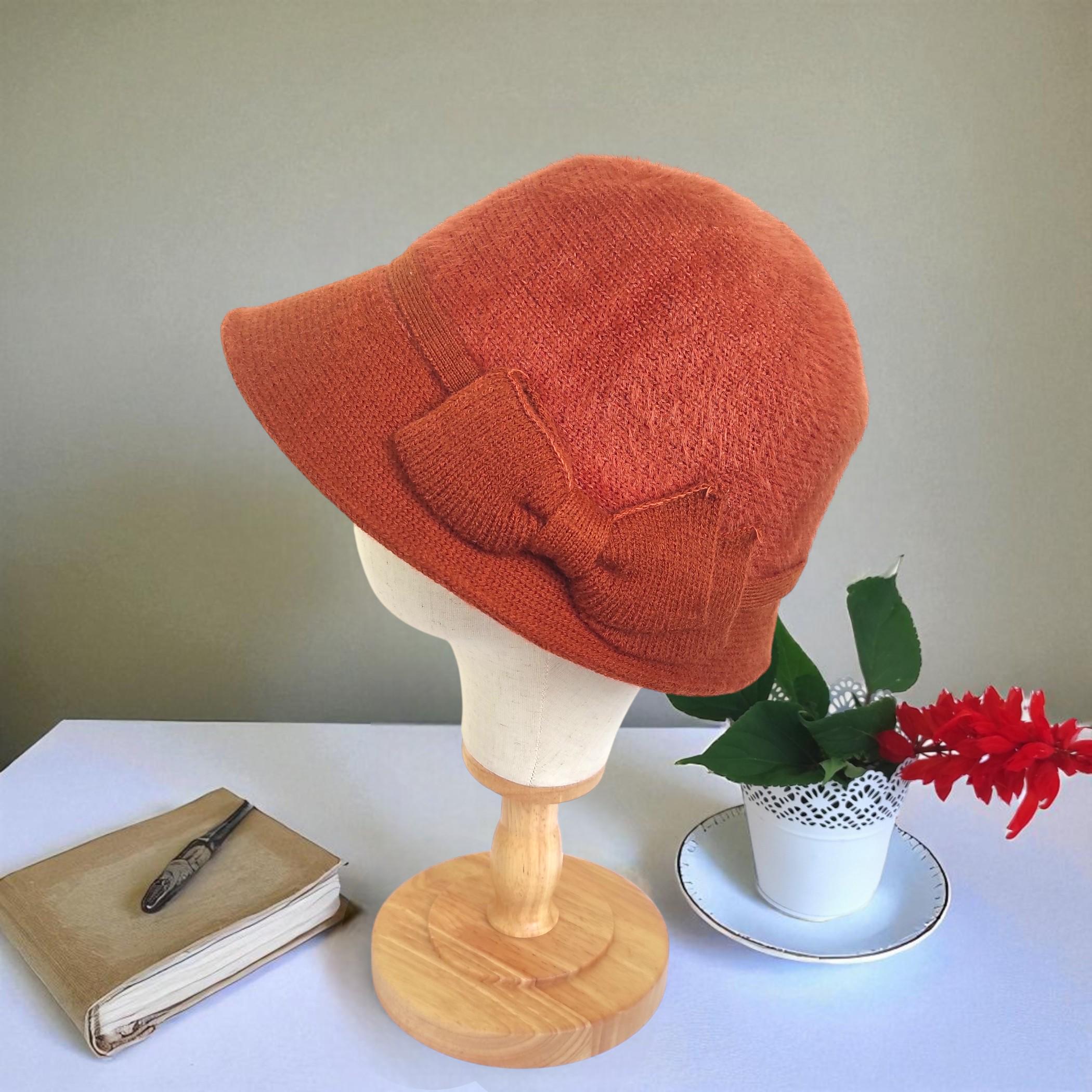 Women Cloche Hat With Knit Bow, Wool Winter Cloche, Black 
