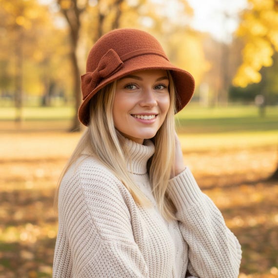 Women Cloche Hat With Knit Bow, Wool Winter Cloche, Black  display picture 3