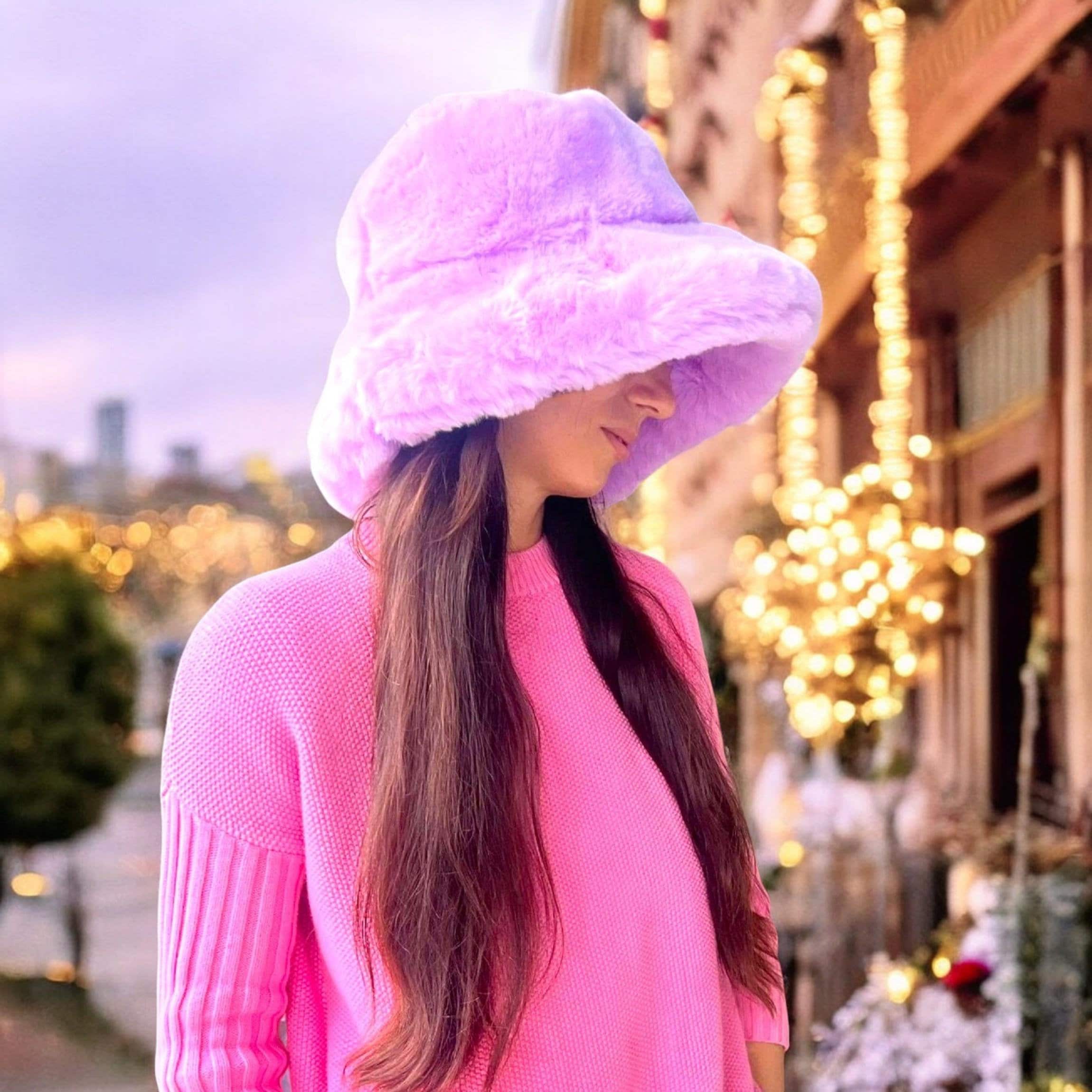 Oversized Fuzzy Faux Fur Pink Bucket Hat for Women - Wide Brim Warm Stylish Ladies Winter Accessories