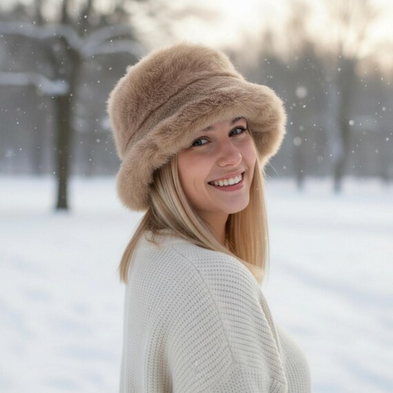 Women\'s Fuzzy Bucket Hat Wide Brim Faux Fur Winter Warm Hat, Pink Urieo Winter Faux Fur Fuzzy Bucket Hat Fluffy Pink Warm Hats  main image 4
