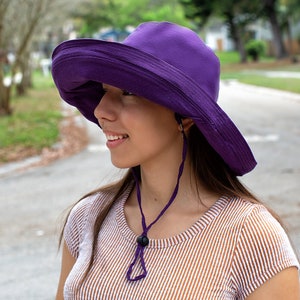 Black Summer Hat Wide Brim 5" Sun Hat Women Bucket Floppy 100% Cotton Hat Wide Brimmed Sunhat Elegant Vacation Honeymoon Gift for Her Purple