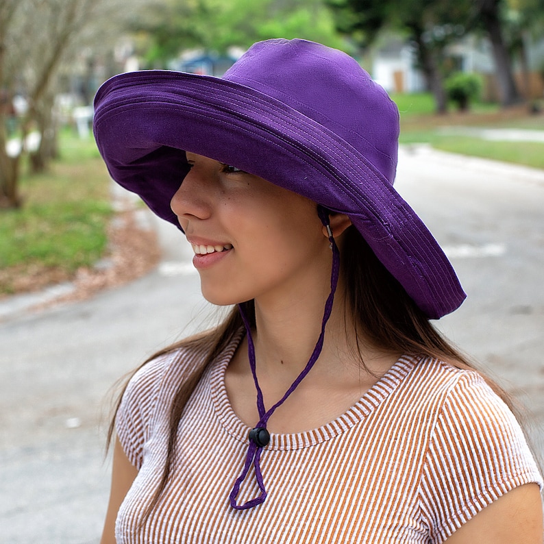 Black Summer Hat Wide Brim 5" Sun Hat Women Bucket Floppy 100% Cotton Hat Wide Brimmed Sunhat Elegant Vacation Honeymoon Gift for Her Purple