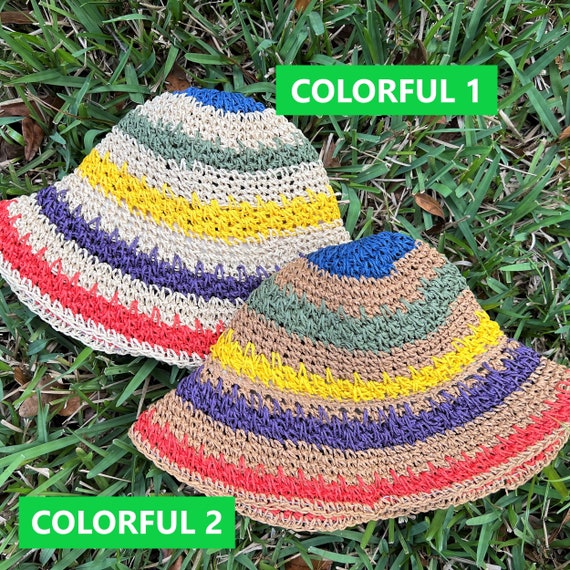 Foldable Bohemian Seaside Rainbow Color Straw Woven Sunhat Women Sun Straw Handmade Rainbow Striped Crochet Beach BOHO  main image 2