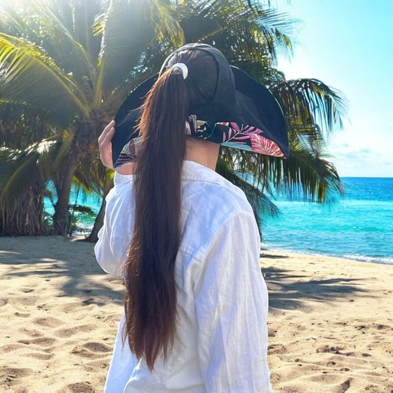 Wide Brim Visor Sun Hat Ponytail, Sunhats Women Cotton Sun Hat Popular Now Botanical Print Crownless Open Top Hat Lightweight Breathable Hat