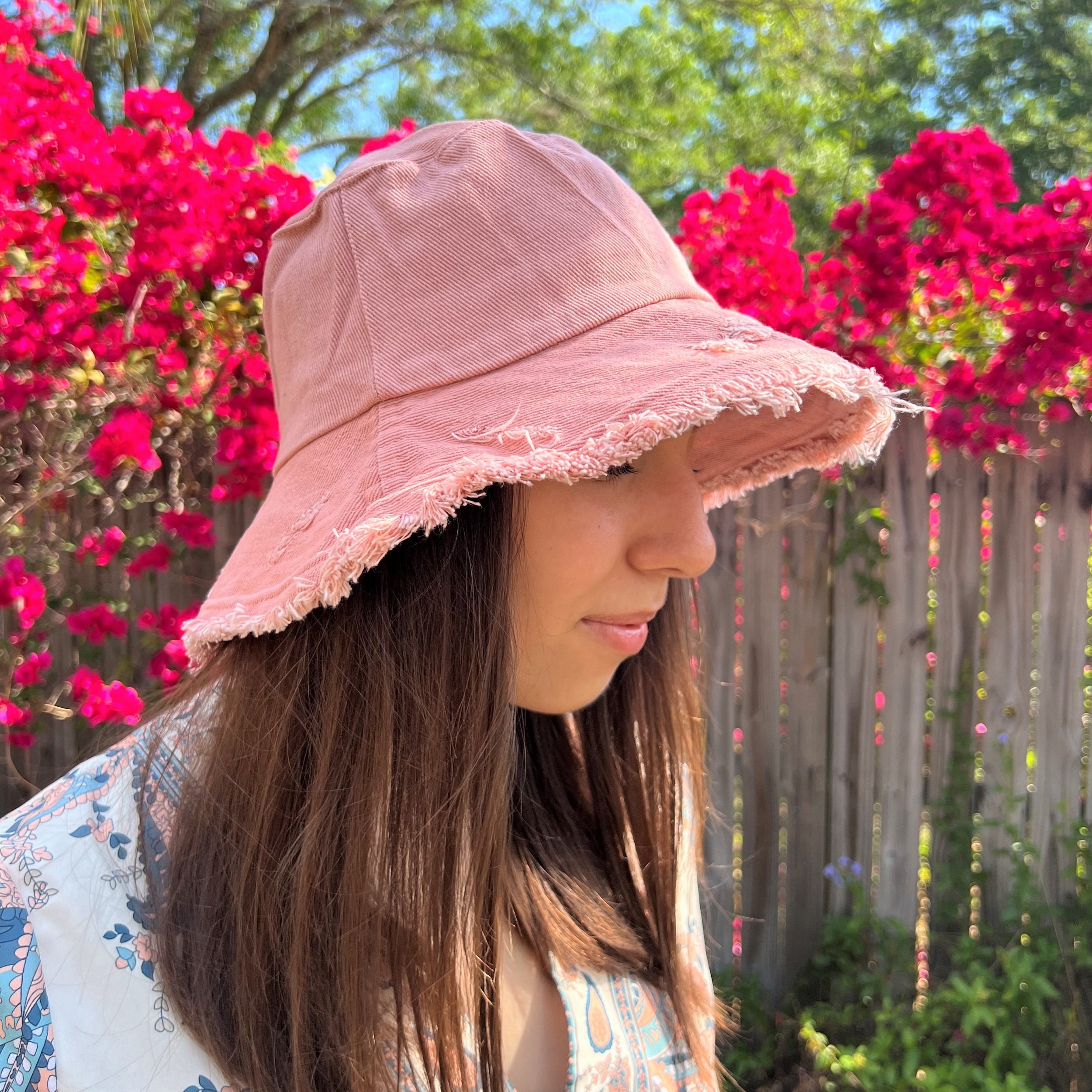 Red Sun Hat Frayed Wide Brim Bucket Hat Summer Hat Women Beach 100% Cotton  Hat Brimmed Sunhat Elegant Vacation Honeymoon Gift for Her 