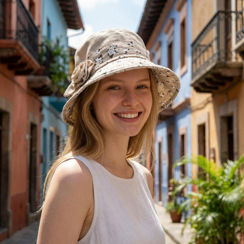 May include: A beige sun hat with a floral pattern and a flower accent. The hat has a wide brim and is worn by a person in a white top. The background features colorful buildings on a sunny day.