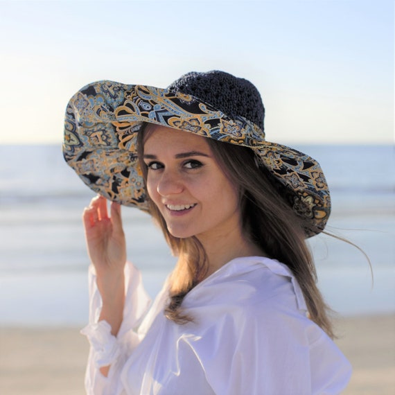 Chapeau de plage pliable à large bord pour femme - Blanc + noir