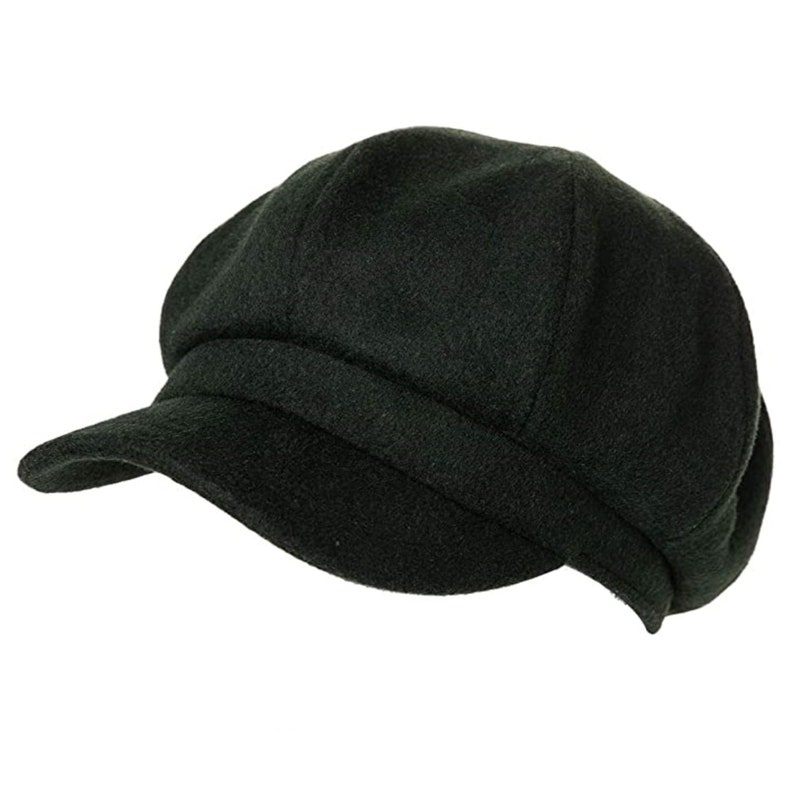 May include: A dark green newsboy cap, featuring a rounded crown and a short, rigid peak. The cap is crafted from a textured material. This hat is a fashionable accessory, suitable for various outfits.