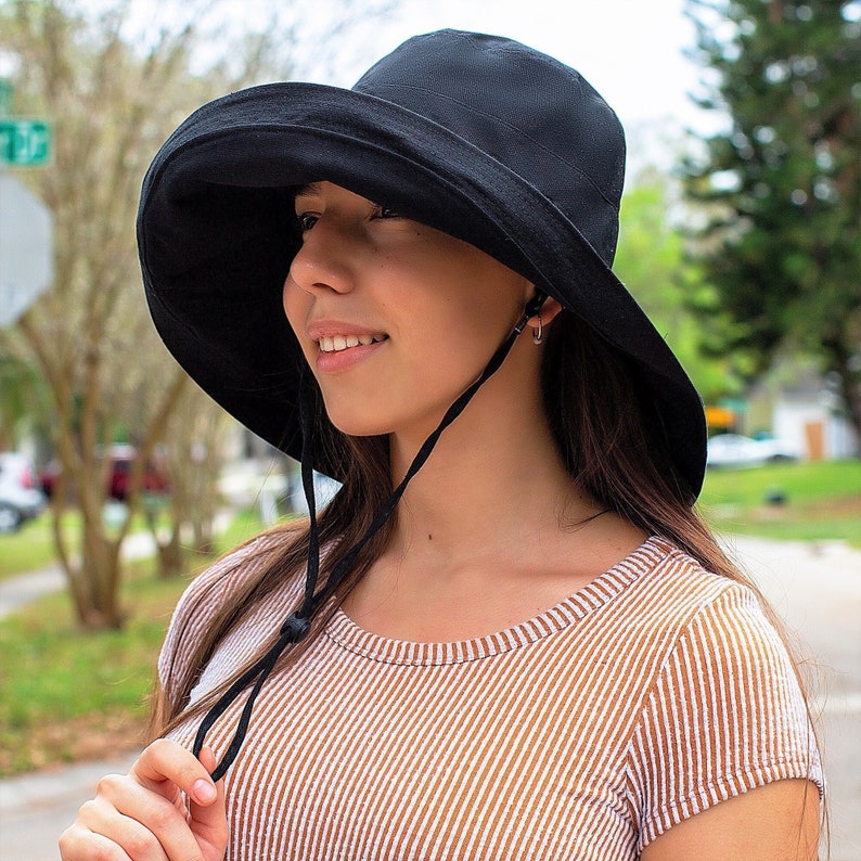 Black Summer Hat Wide Brim 5" Sun Hat Women Bucket Floppy 100% Cotton Hat Wide Brimmed Sunhat Elegant Vacation Honeymoon Gift for Her Black