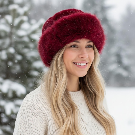 Winter Cossack Faux Fur Red Hat Women Ladies Fluffy Faux Fox Fur Russian Cossack Style  main image 4