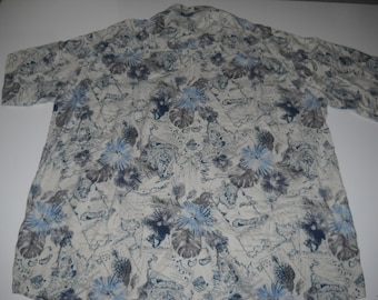 Vintage Island Shores Men's XXLarge Authentic Island Crafted 100% Silk Hawaiian Island Style Short Sleeve, Button Front, Blue, White Shirt