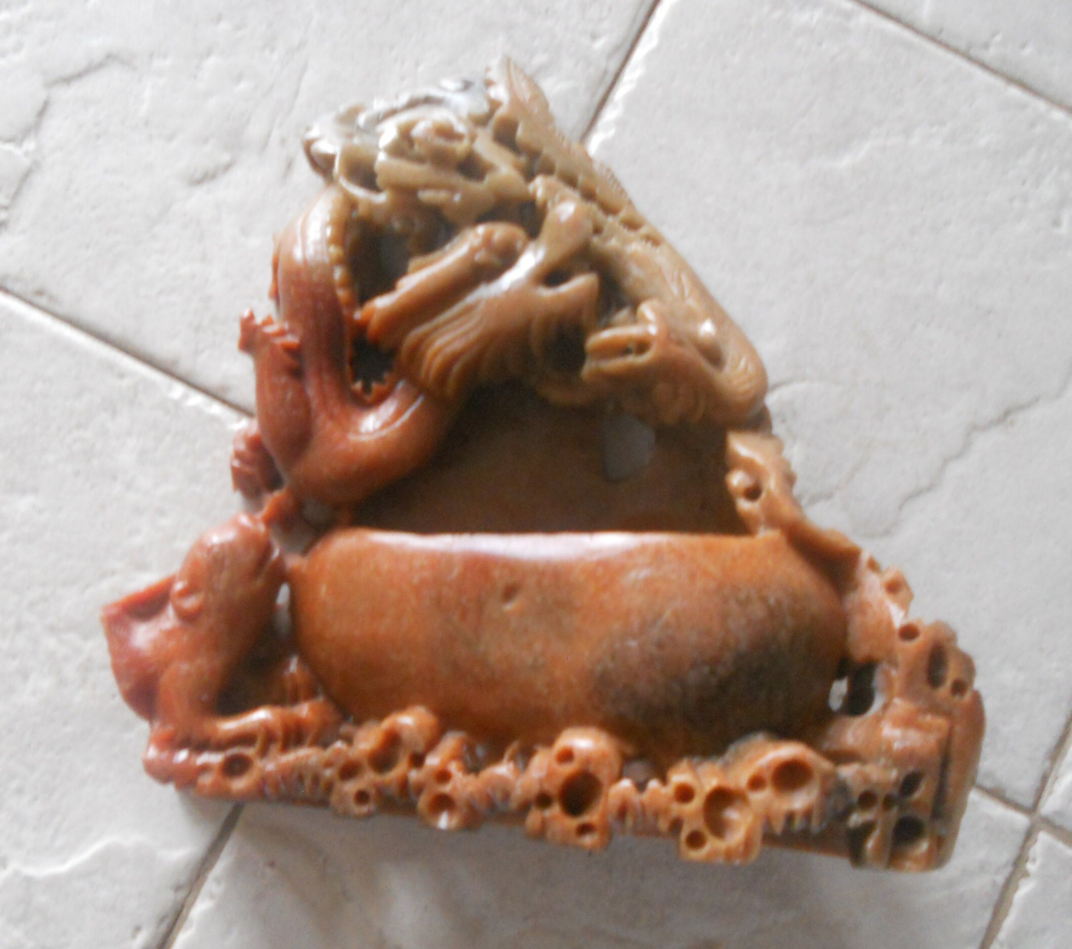 Beautiful Chinese Hand Crafted Vintage Hand Carved Multi Toned Soap Stone Dragons with Chiseled Bowl 6 Tall