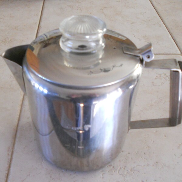 Very Nice Texsport Heavy Stainless Steel Stove Top, Wood Handle, Home or Camping, 6  Cup Coffee Pot, Percolator, Nice ConditionINV1230