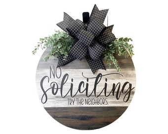 No Soliciting Rustic Wooden Door Hanger with Greenery and Bow | Handcrafted Home Décor | Distressed Wood 'No Soliciting' Door Plaque