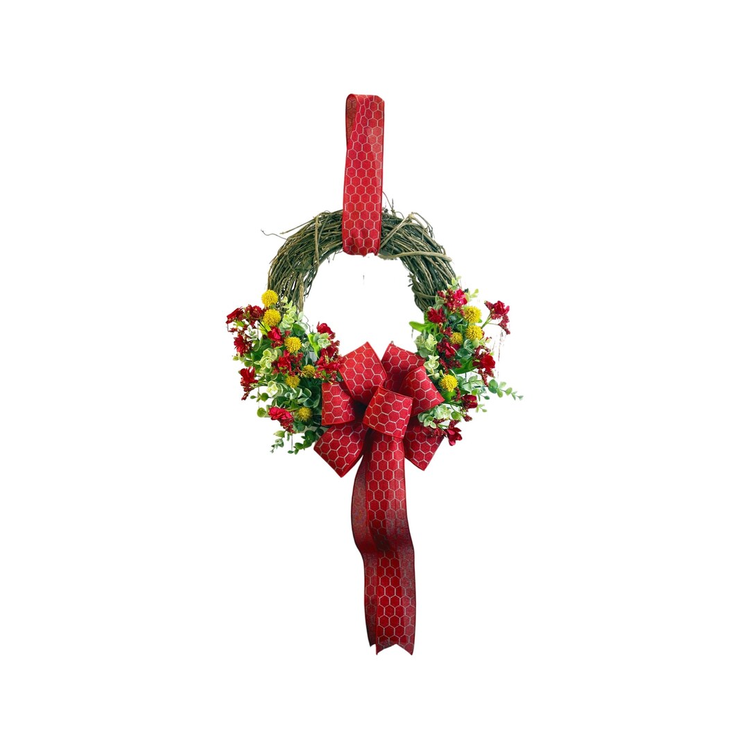 Red and Yellow Flower Grapevine Wreath Chicken Wire Ribbon Handcrafted ...