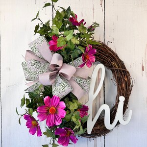 Grapevine front Door Everyday Wreath with Purple Flowers, Green Ivy Wreath, Front Door Wreath With Bow, Hi Welcome Sign,