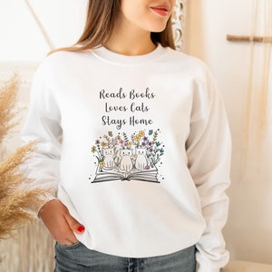 Floral Cat Book Lover Crewneck Sweatshirt, Animal Lover Shirt, Book Lover Shirt, Cat Lover Shirt, Crazy Cat Lady, Cute Cat Shirt