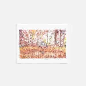 Tarjetas de notas de Cabaña en el Bosque, Tarjetas y sobres en blanco, Dibujo a pluma y tinta, Arte en blanco y negro, Ilustración dibujada a mano, Juego de papelería