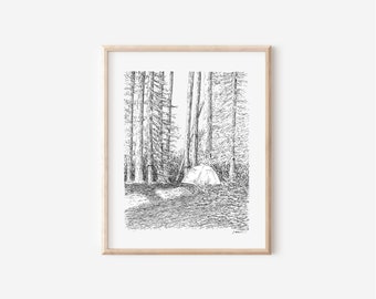 Woodland Camping Print, Pen and Ink Drawing, Evergreen Collection