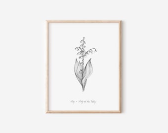 May Lily of the Valley Print,  Birth Month Flower Collection, 5x7, 8x10, Pen and Ink Drawing, Black and White, Hand drawn Decor, Floral Ar