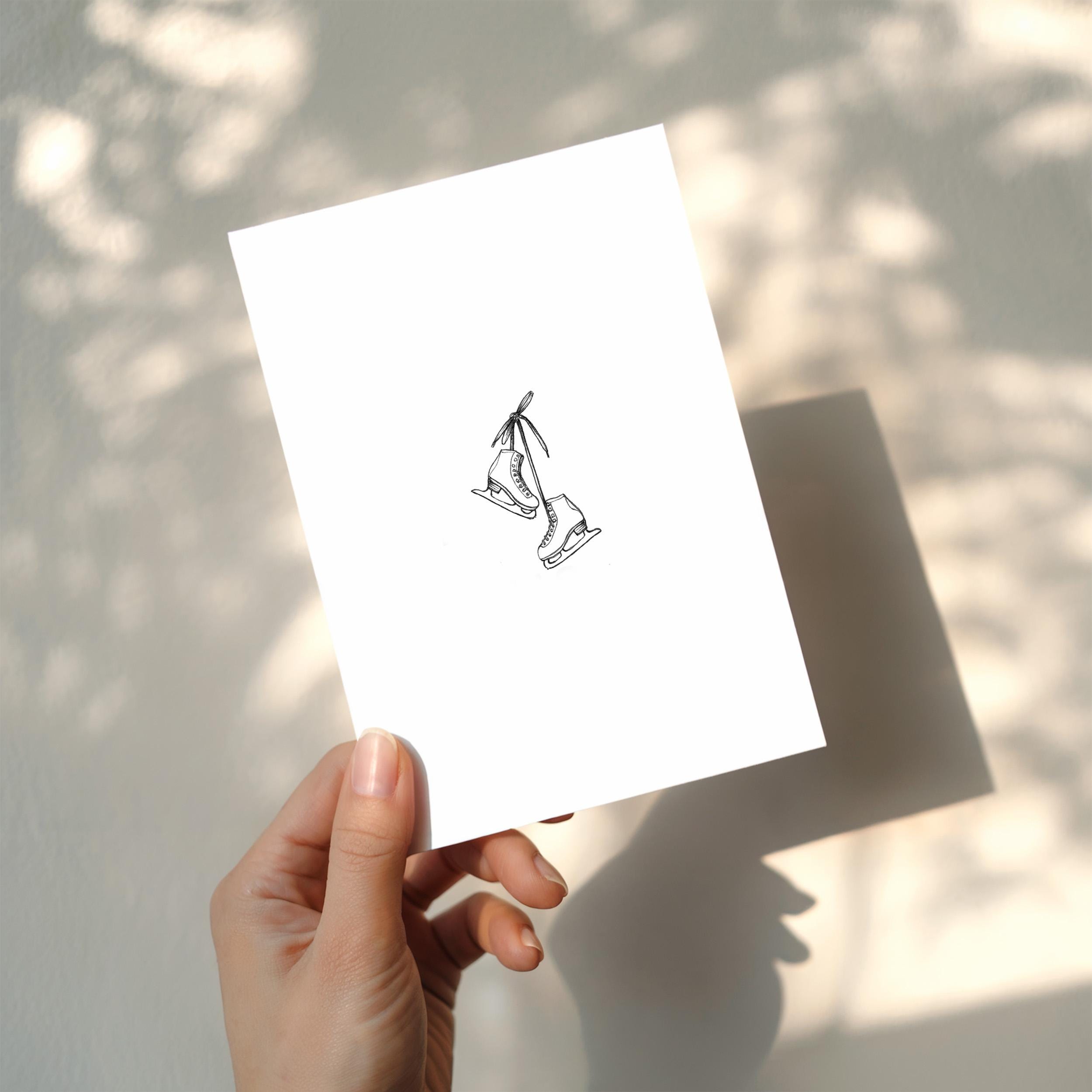 Mini Ice Skates Notecards, Blank Cards and Envelopes, Pen and Ink Fine line Drawing, Black and White Winter Art, Minimalist Stationary Set