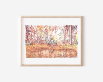 Cabin in the Woods Print, 8x10, Pen and Ink Drawing, Hand drawn Illustration, Fall Colors, Mountain A-frame Wall Art, Lakeside Getaway Decor