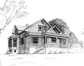 Portrait personnalisé de maison à la plume et à l'encre : premier souvenir de maison