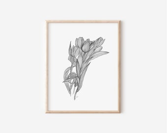 Impression de tulipes, 5 x 7, 8 x 10, dessin à la plume et à l'encre