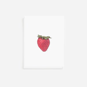 Juego de tarjetas con frutos rojos, 6 tarjetas y sobres en blanco, dibujo a pluma y tinta, papelería de frutas, fresa, arándano y frambuesa dibujados a mano.