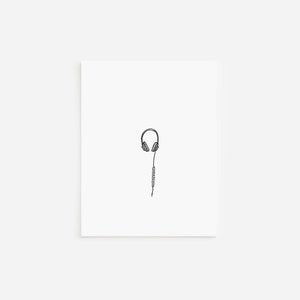 Mini biglietti d'auguri con cuffie, biglietti e buste bianche, disegni a tratto sottile con penna e inchiostro, disegni audio in bianco e nero, cancelleria minimalista