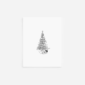 Biglietti di auguri con albero di Natale, biglietti e buste bianche, disegni a penna e inchiostro, arte in bianco e nero, illustrazioni disegnate a mano, set di cancelleria