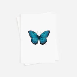 Cartes de correspondance bleu papillon morpho, simple ou lot de 6, cartes vierges et enveloppes, dessin à la plume et encre, oeuvres d'art dessinées à la main, ensemble de papeterie