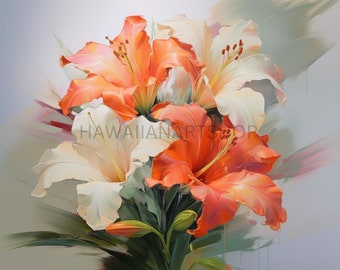 Hawaii Tropical Hibiscus Coral Flowers Digital Wall Art oil painting Print, Instant Download