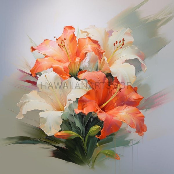 Hawaï Hibiscus tropical fleurs de corail art mural numérique peinture à l'huile impression, téléchargement immédiat