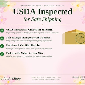 May include: A pink and green graphic with the text "USDA Inspected for Safe Shipping." The image includes a box with a USDA stamp, and bullet points detailing safe transport, pest-free plants, and careful packaging.