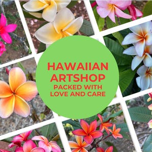 May include: A collage of colourful plumeria flowers in shades of pink, yellow, and white, arranged in a grid. The flowers have a star-like shape with multiple petals. A green circle in the centre displays the text "HAWAIIAN ARTSHOP" and "PACKED WITH LOVE AND CARE".