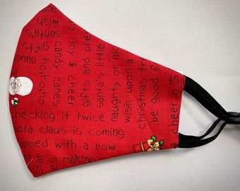 Christmas Words in Black Red face mask in New Design!! Fabric printed in USA, Handmade in USA, PM2.5 filter included