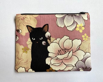 Black Neko Cat Zipper Pouch in Pink,fully lined and interfaced for softer and sturdier feel, Handmade with love in USA, Fabric made in Japan